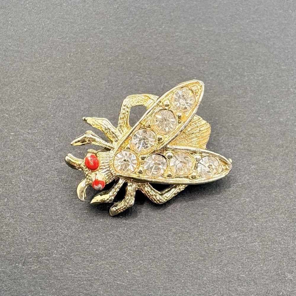 Vintage‎ Nemo Fly Bug Insect Rhinestone Brooch Pin Gold Tone 1" Retro Dainty